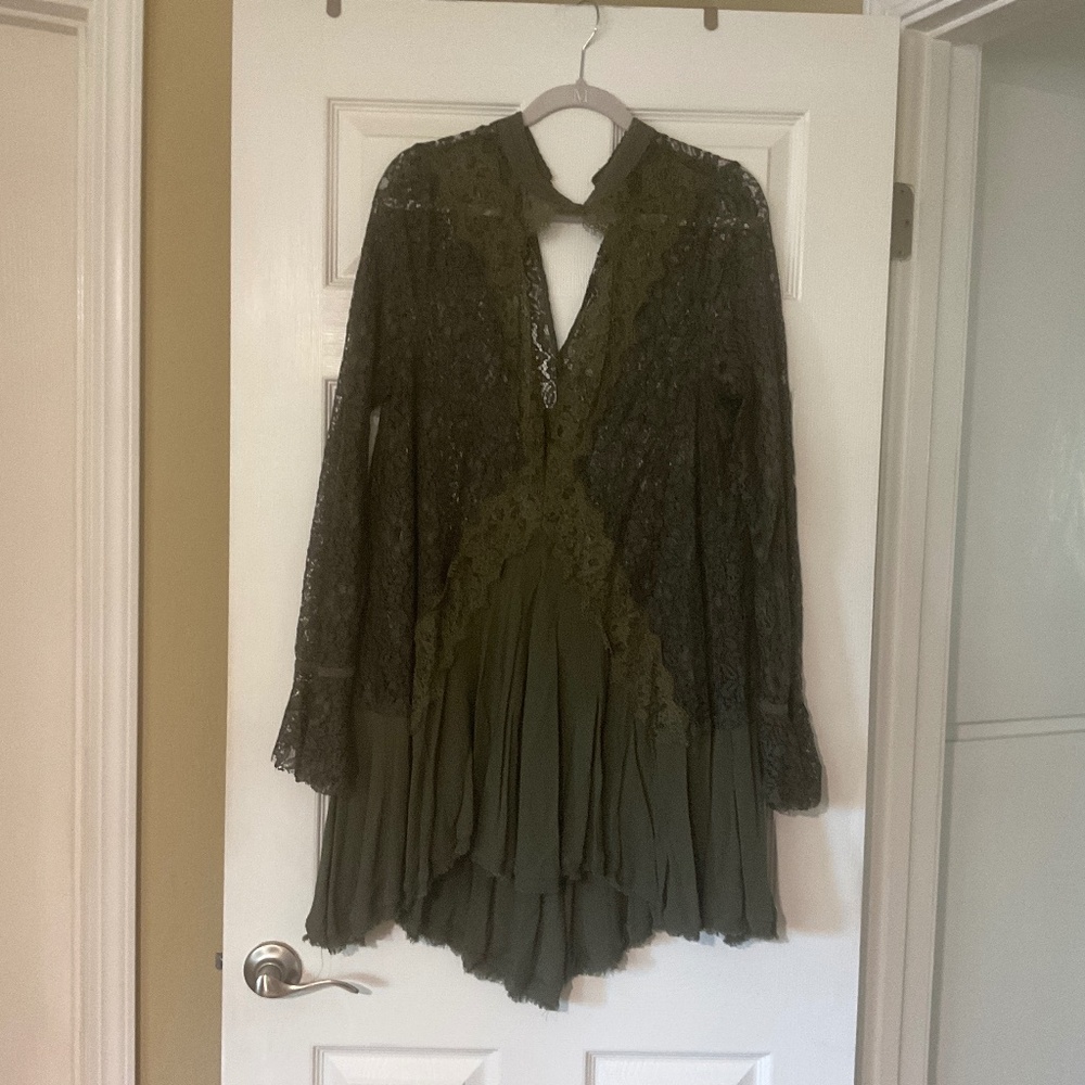 Free People Olive Green Long Sleeve Lace Dress